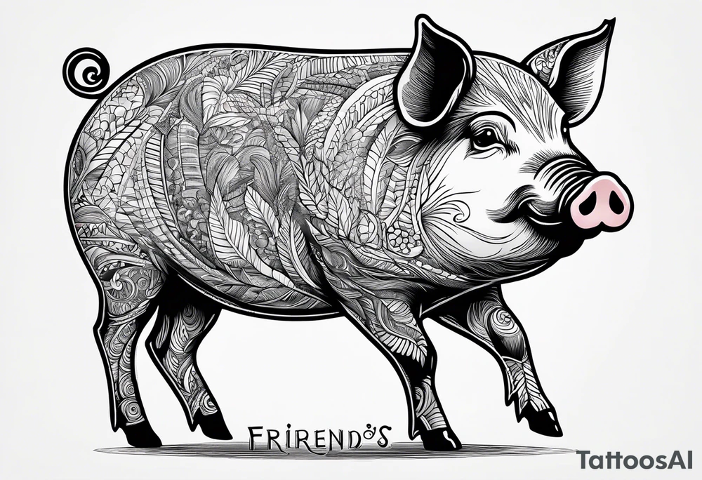 minimalist tattoo of a cute pig or piglet that contains text: "friends. not food" tattoo idea