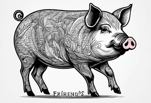 minimalist tattoo of a cute pig or piglet that contains text: "friends. not food" tattoo idea