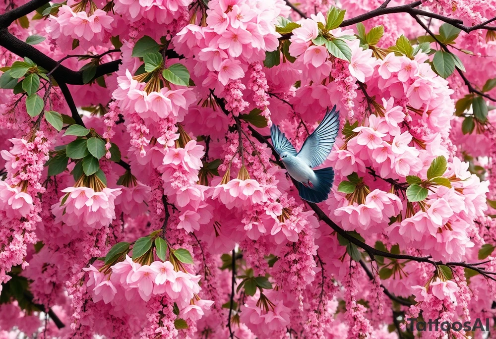 A big pink, weeping tree with huge  lushish leaves there are 2 doves. 1 is a flying into the sky. The second one is hovering above the ground that’s turning black like she stained with grief. Goth romance 
These are the dates I want dainty in the heavily overflow of weeping cherry blossom branches and leaves March 31, 2024 – July 2, 2024 tattoo idea