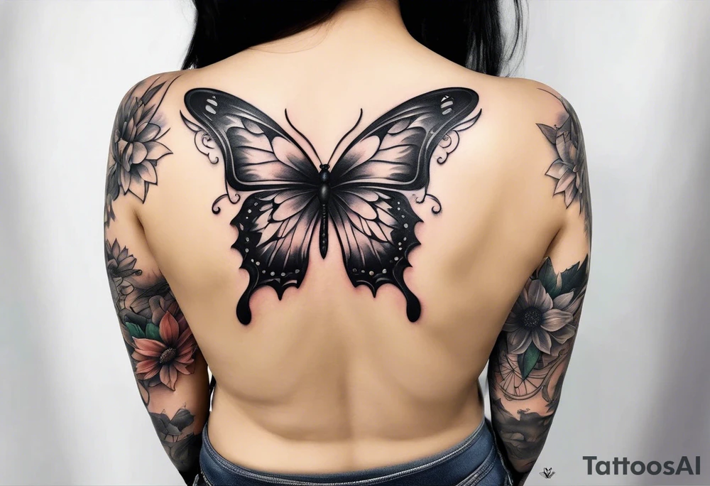 Sleeve with angel wings, sunflower and butterfly tattoo idea