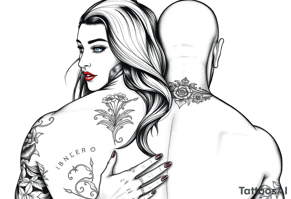 Woman with long red hair and red lipstick with lots of tattoos with  a bald muscular white man with tattoos getting married tattoo idea