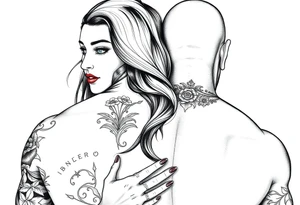 Woman with long red hair and red lipstick with lots of tattoos with  a bald muscular white man with tattoos getting married tattoo idea