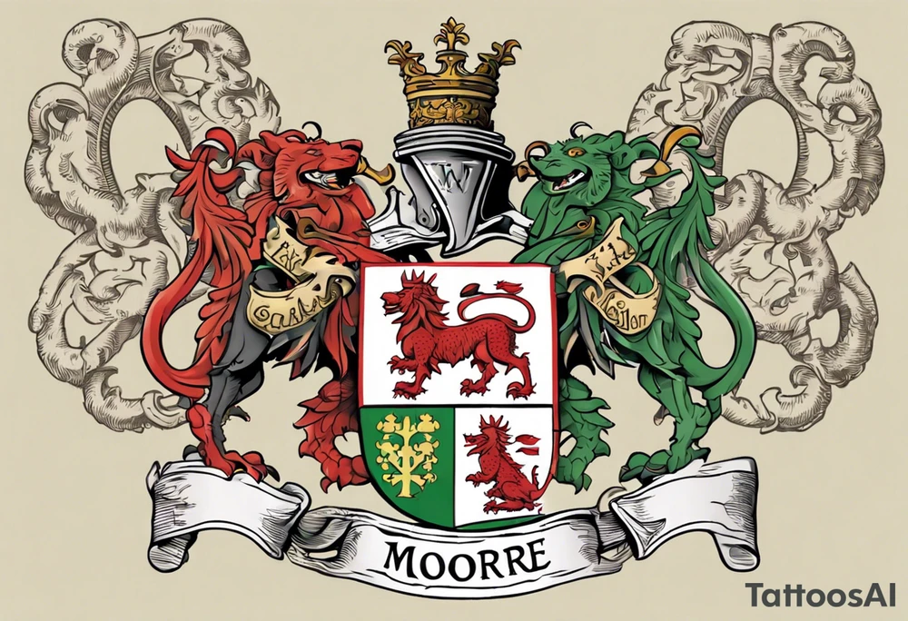 merge the English, Irish and Welsh Coat of Arms for the surname 'Moore'. The design should be symmetrical and suitable for a shoulder placement. It should feature heraldic elements from both coats of arms, such as the English Moore's lion and the Welsh Moore's dragon, intertwined in a harmonious and elegant manner. tattoo idea