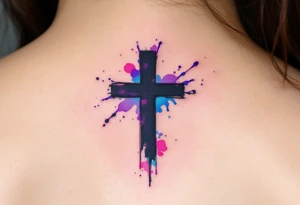 Abstract Watercolor Cross – A small black cross outlined in watercolor splashes of purple, blue, and pink, fading gently into the skin in the upper part of a neck, for a vibrant, artistic look. tattoo idea