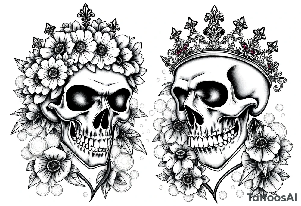 ornate man and woman’s skulls both adorned with a crown and the woman’s skull should have a crown of wild daisies roses with Thornes. The mans should have emeralds. With a background of gold coins and rubys treasure tattoo idea