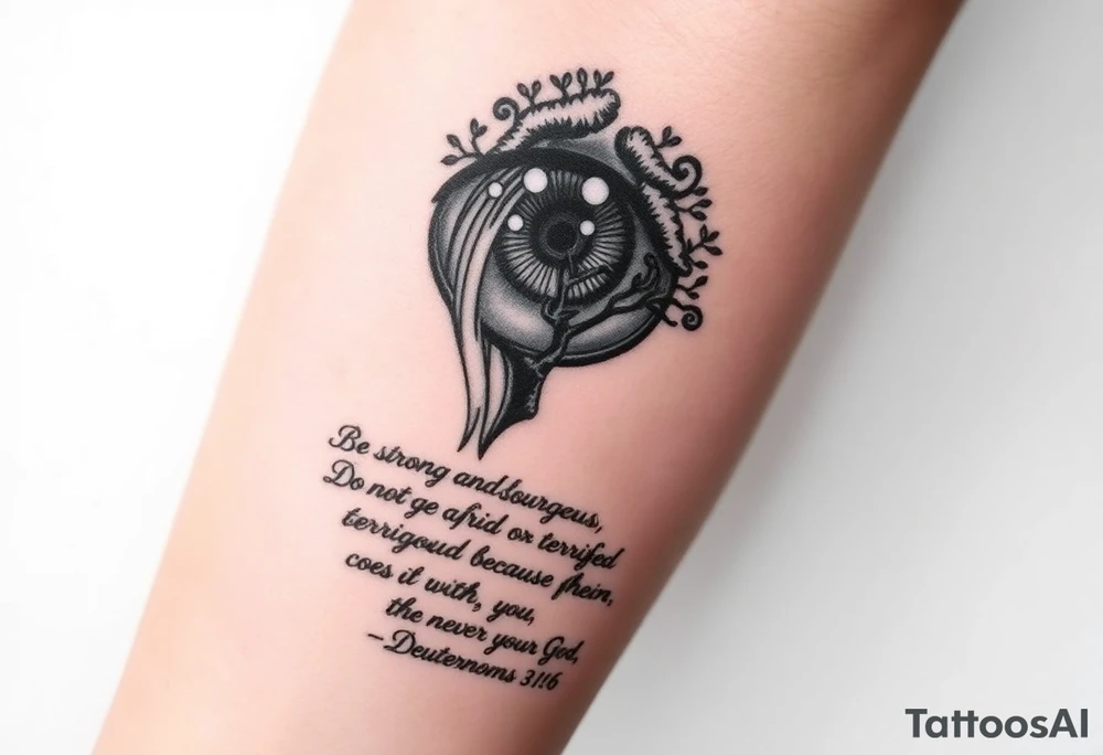 Eyeball with waterfall flowing out of it and under have a tree and under that have the verse Be strong and courageous. Do not be afraid or terrified
because of them, for the Lord your God goes with you; he will never leave you nor forsake you." Deuteronomy 31:6 tattoo idea