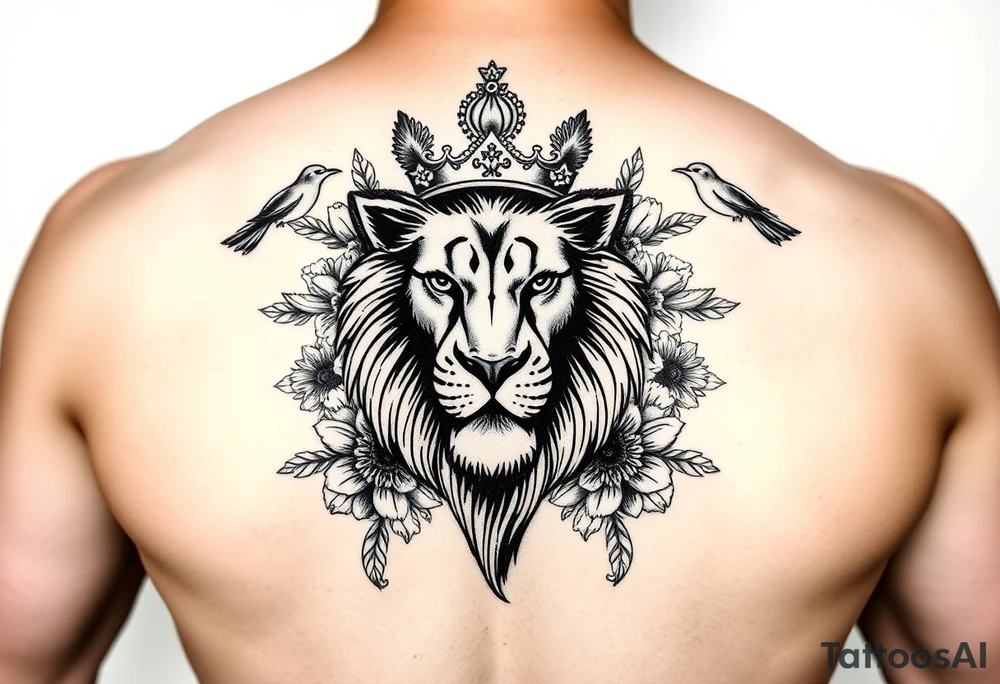 powerful majestic lion with a crown, surrounded by floral ornaments and birds tattoo idea