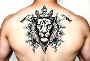 powerful majestic lion with a crown, surrounded by floral ornaments and birds tattoo idea