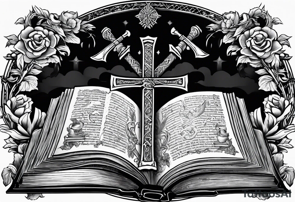 An opened bible with a battle Axe tattoo idea