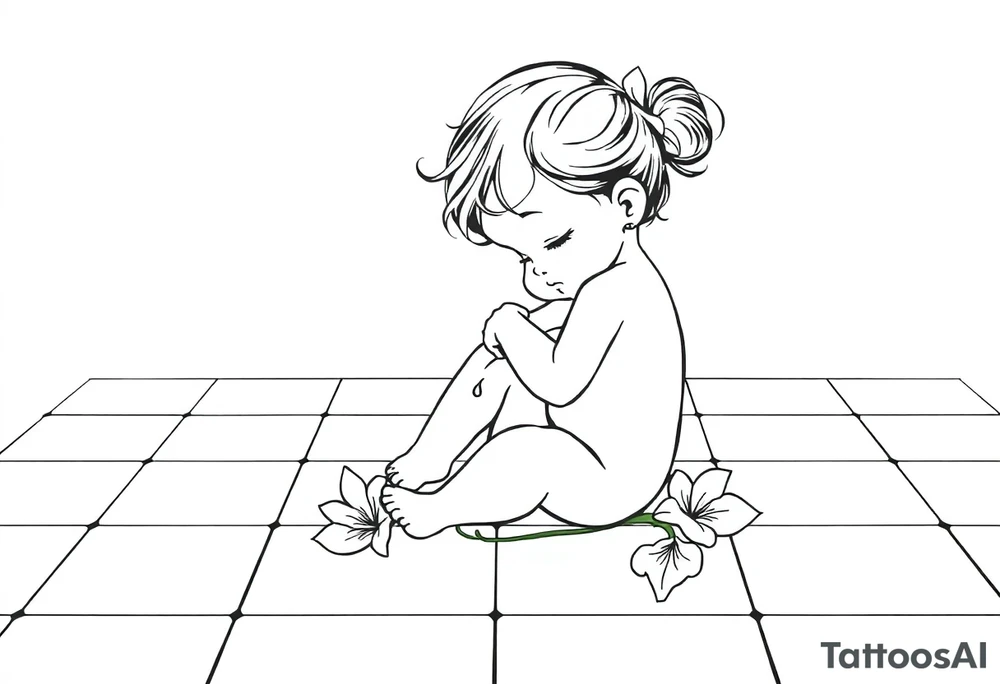 A simple tile floor with a minimalist outline of a curled up child sitting on the floor with a lily next to her tattoo idea