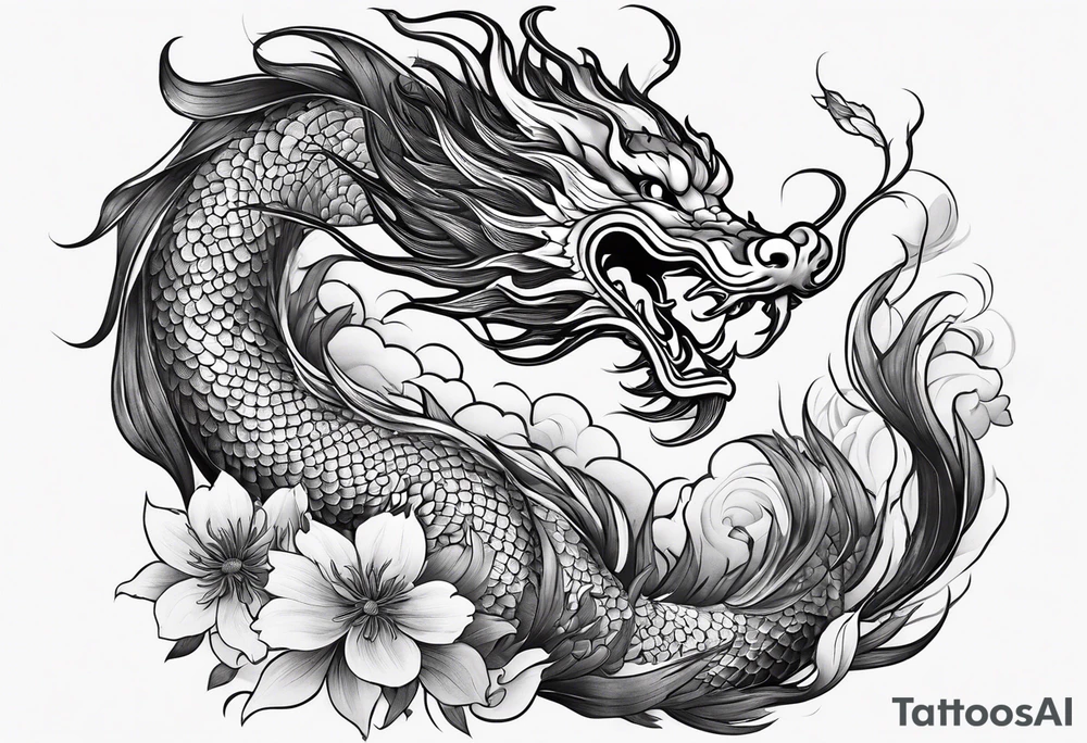 Chinese dragon, koi, floral, black, shoulder tattoo idea