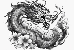 Chinese dragon, koi, floral, black, shoulder tattoo idea