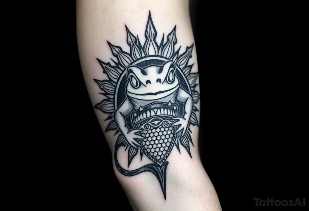 [ Elbow Cap ]
↑   Sun with tribal rays wrapping around
↑   Shark tooth band & wave divider
↑   Central panel: Coquí frog in tribal style
↑   Spiral swirl (Taíno) near vein-side
↑   Marquesan-style fish scale panel
↑   Zemi spirit mask or face
↑   Spearhead band near wrist
[ Wrist ] tattoo idea