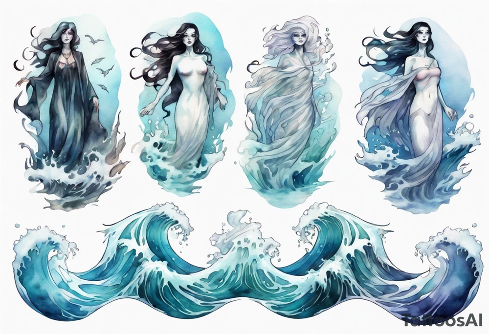 a transparent ghost woman rising from the waves of the sea tattoo idea