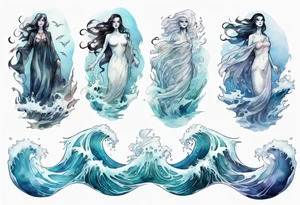 a transparent ghost woman rising from the waves of the sea tattoo idea