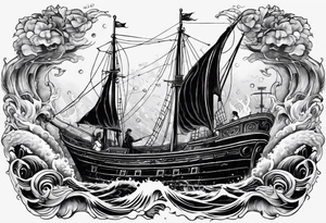A sale ship sinking with two mermaids, either side, one which is trying to save the boat and one which is trying to help sink it tattoo idea