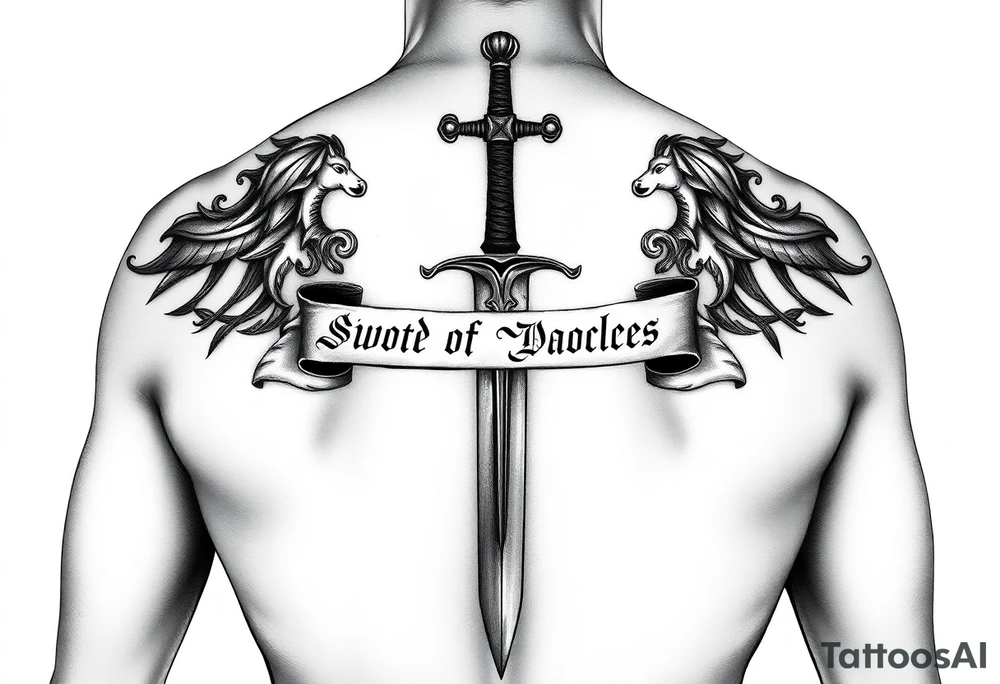 Please generate a tattoo style as close to reality as possible.

The sword should cover my back from top to bottom, passing over the spine with great relief and detail, surrounded by a lengthwise scroll written in fine italic lettering “Sword of Damocles”. tattoo idea