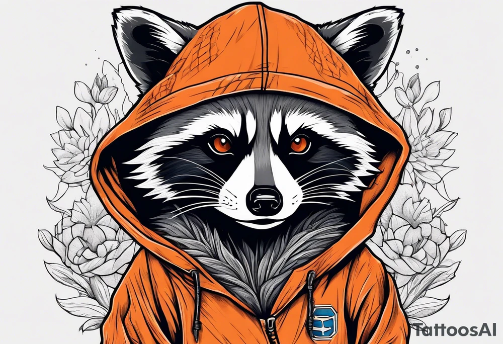 Raccoon wearing an orange Superman hoodie tattoo idea