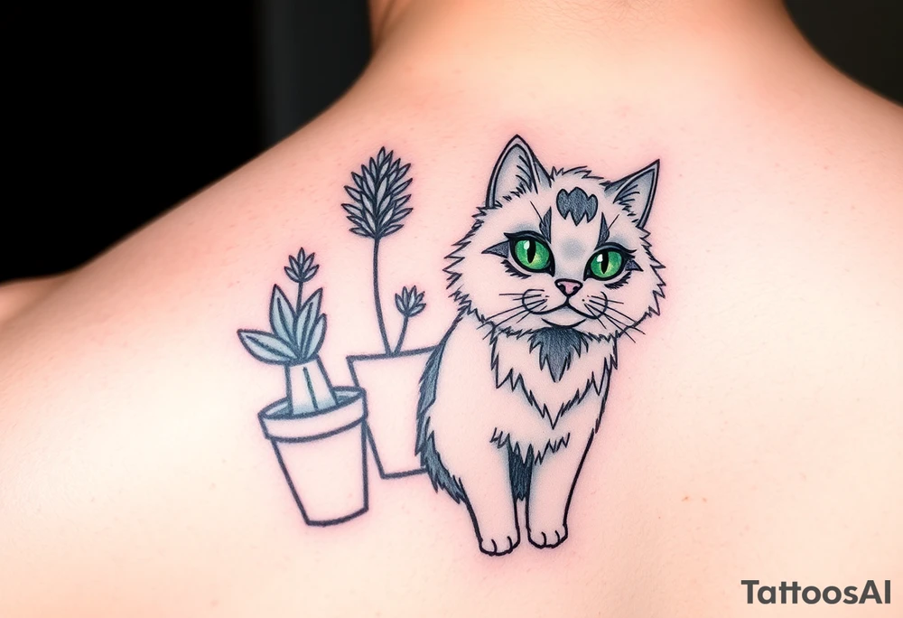 6x6 cartoonish tattoo of house plants and a fluffy grey cat with green  eyes tattoo idea