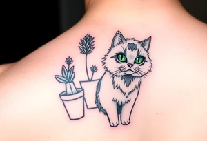 6x6 cartoonish tattoo of house plants and a fluffy grey cat with green  eyes tattoo idea