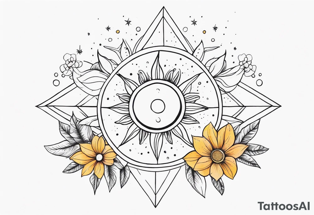 fine line with sun, stars, floral, dots. Sternum tattoo tattoo idea