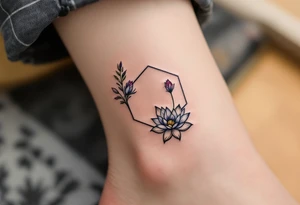 Leo sign, larkspur and water lily surrounded by a hexagon tattoo idea