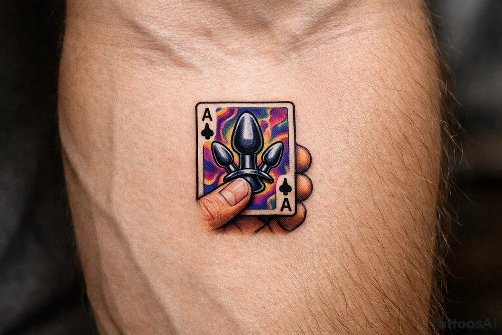 A close-up of a hand holding a playing card with a butt plug suit. tattoo idea