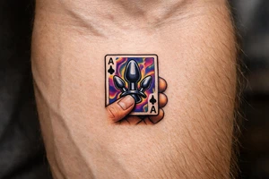 A close-up of a hand holding a playing card with a butt plug suit. tattoo idea