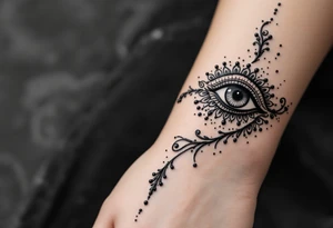 Indian style Henna tattoo for the inner wrist include the word pain and an eye tattoo idea