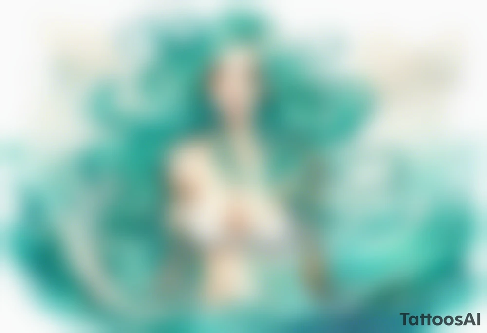 a mermaid emerging from the sea, turquoise hair, wearing a white robe, tattoo idea