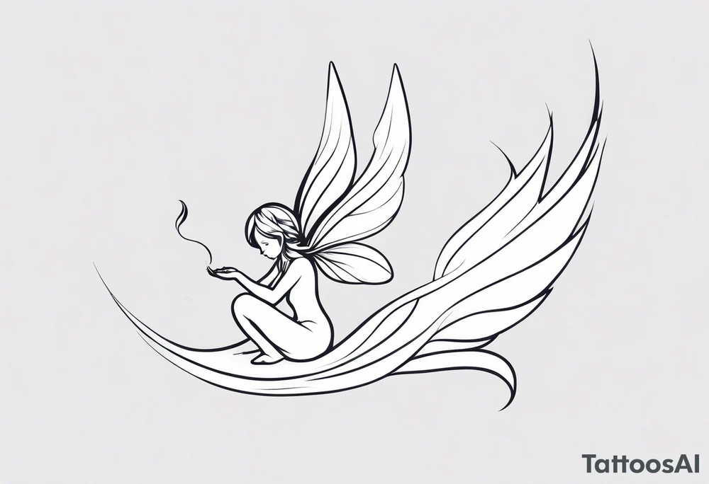 Minimalistic, monochromatic fairy with a tail flying to the left in a fetal position, leaning and looking in the same direction, with visible hands, embodying the 'Fairy Tail' logo aesthetic. tattoo idea