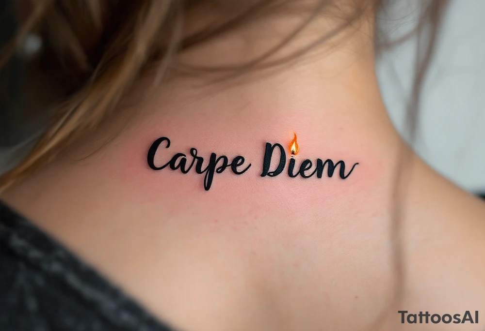 A small black handwritten "Carpe Diem" with a flickering orange flame dotting the “i." in the back of a neck. tattoo idea