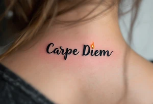 A small black handwritten "Carpe Diem" with a flickering orange flame dotting the “i." in the back of a neck. tattoo idea
