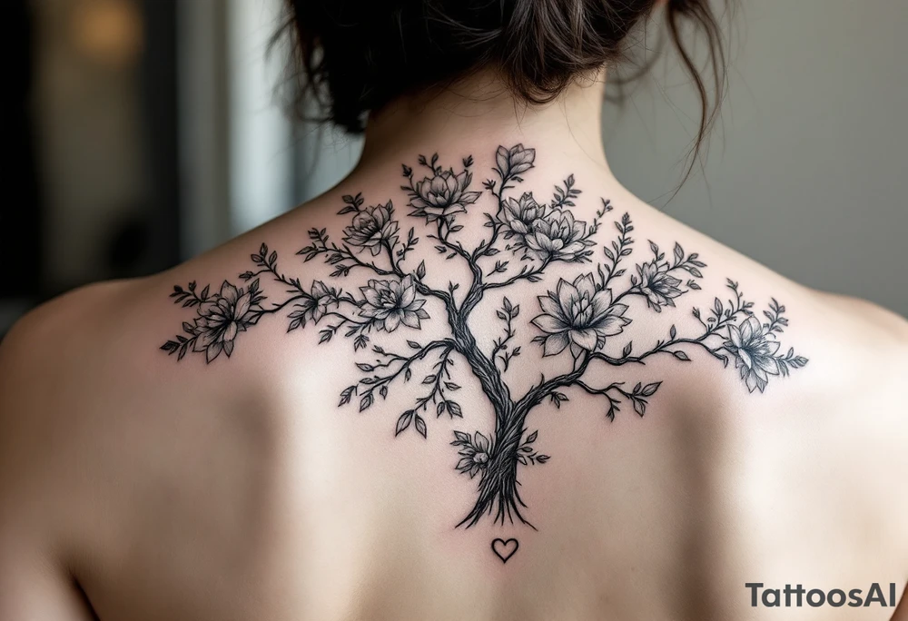 Family tree of 8 with names for woman with flowers and love hearts tattoo idea