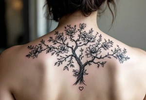 Family tree of 8 with names for woman with flowers and love hearts tattoo idea