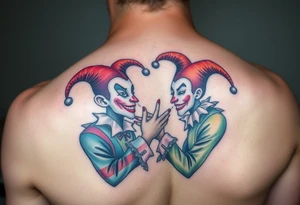a toxic jester couple holding each other with cheeks being pulled to force smile tattoo idea