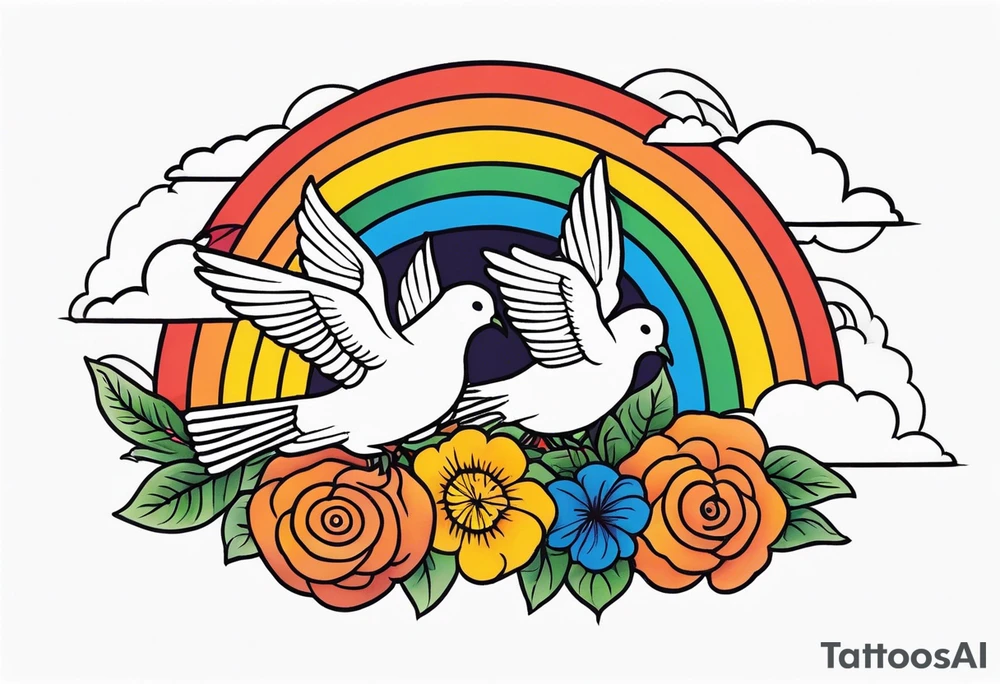 rainbow in clouds
with doves and vintage flowers
old school vintage simple traditional design 



bold color simple tattoo idea