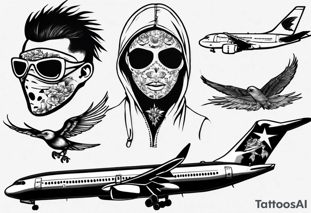 airplane, freedom, birds in masks tattoo idea