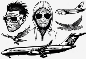 airplane, freedom, birds in masks tattoo idea