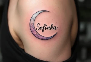 Sofinka name nestled within a crescent moon, shaded in light silver and pastel violet. tattoo idea