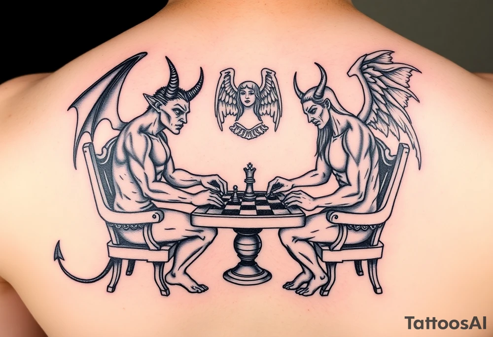 devil and angel playing chess. Make them seem like people and not animals. Sitting on chairs with an angel watching tattoo idea