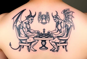 devil and angel playing chess. Make them seem like people and not animals. Sitting on chairs with an angel watching tattoo idea