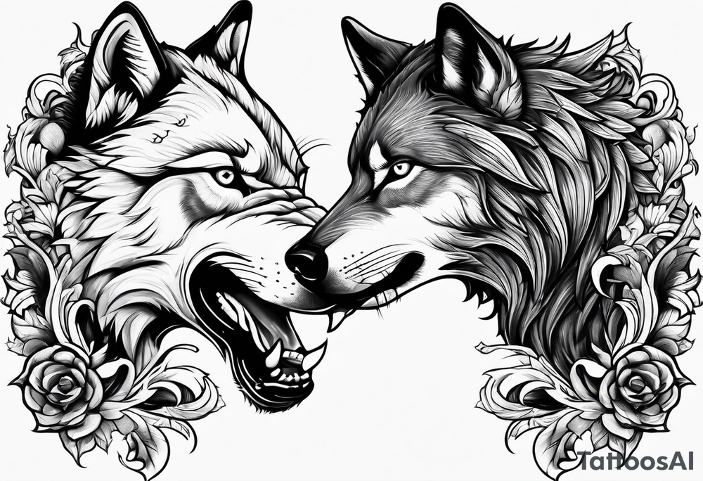 Man and wolf fighting tattoo idea