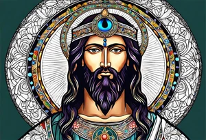 flat stern byzantine Christ with all-demanding eyes with a halo made of peacock feathers tattoo idea