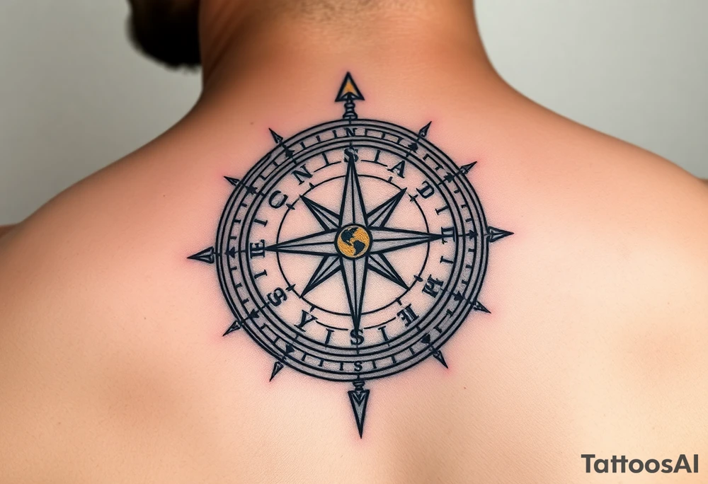 A compass with a Sagittarius arrow at its center, surrounded by delicate map details in black and gold tattoo idea