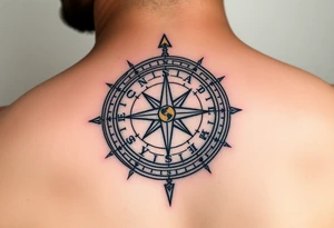 A compass with a Sagittarius arrow at its center, surrounded by delicate map details in black and gold tattoo idea