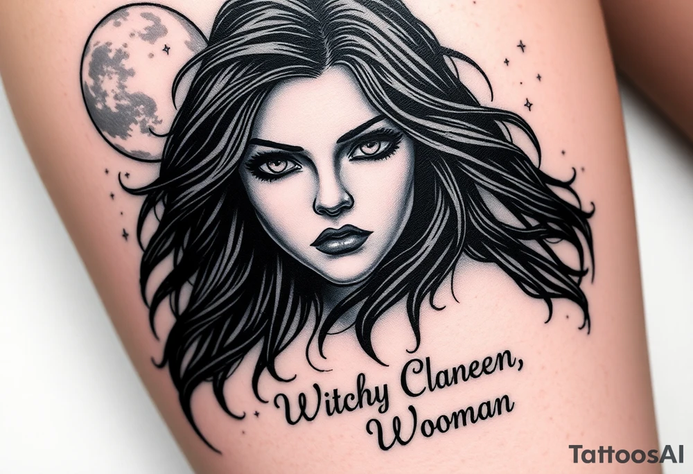 Mystical / detailed realism gothic style
Placement: thigh
 Full moon, raven-haired woman with glowing brown eyes
 Fog and stars (if that’s what you meant?)
Witchy Woman” song lyrics incorporated based off the song  tattoo tattoo idea