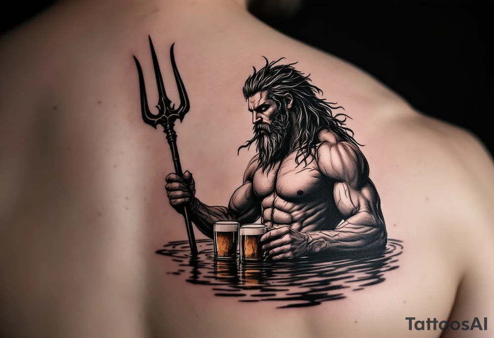 fit poseidon, with a trident, in calm water, holding a beer tattoo idea