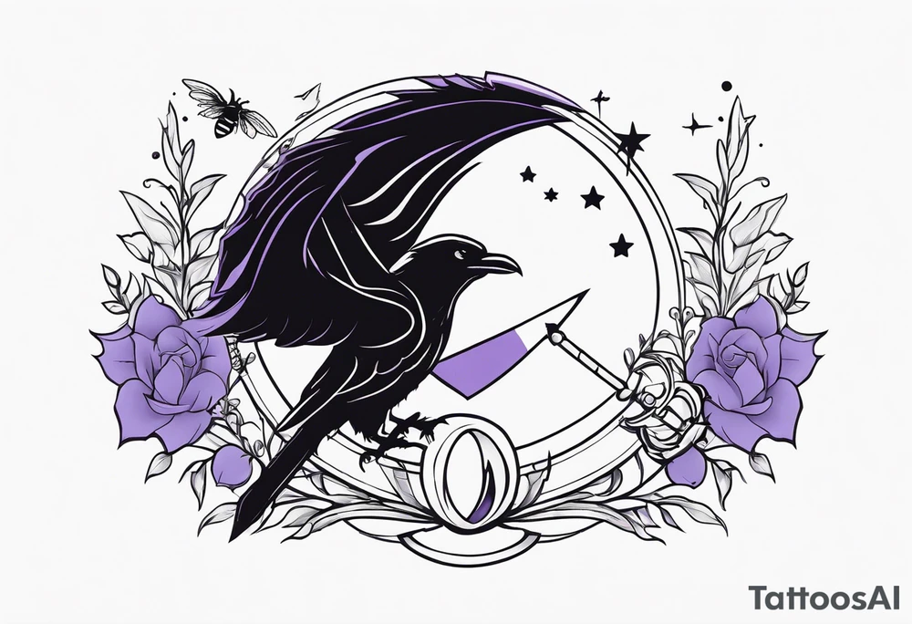 a fantasy book. a high flying dragon. A fallen pawn. a cluster of lavender. a sword with a bee. A raven. Stars and crescent moon. tattoo idea