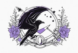 a fantasy book. a high flying dragon. A fallen pawn. a cluster of lavender. a sword with a bee. A raven. Stars and crescent moon. tattoo idea